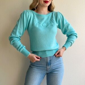 Vintage 1980s Sky Blue Sweater With Floral Details (S)